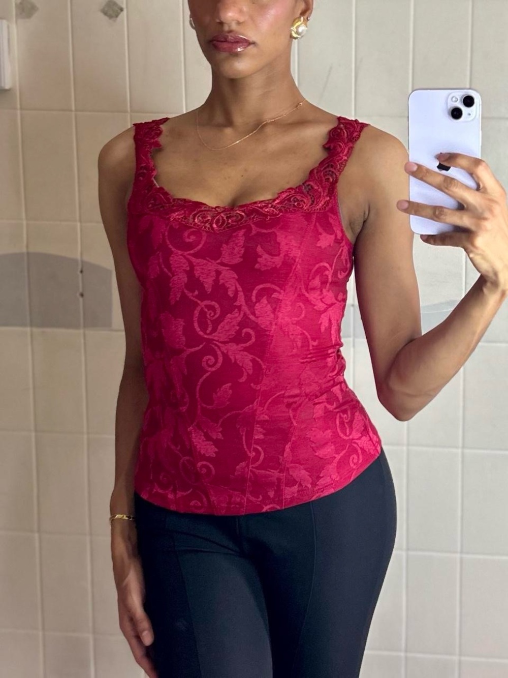 Arianne Red Floral Jacquard Lace Cami